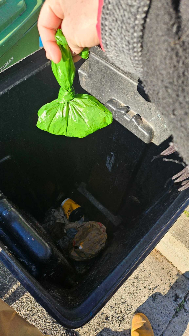 A hand is holding a small green tied bag over a black trash bin with some litter inside, including a yellow can and crumpled paper.